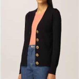Tory Burch Logo Gold Button Down Wool Cardigan XS